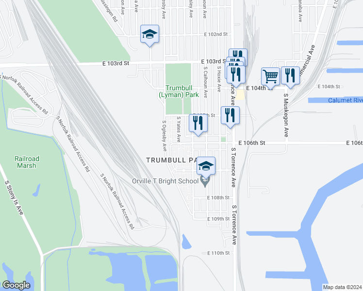 map of restaurants, bars, coffee shops, grocery stores, and more near 2436 East 106th Street in Chicago