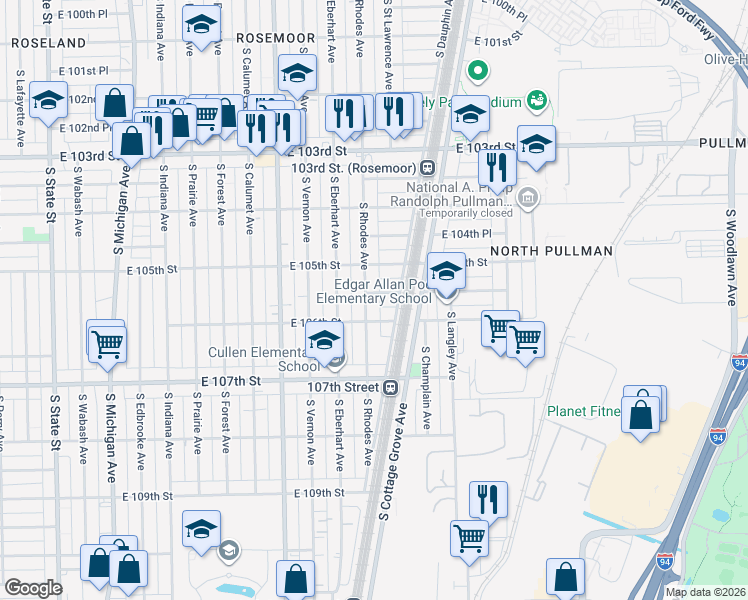 map of restaurants, bars, coffee shops, grocery stores, and more near 556 East 105th Place in Chicago