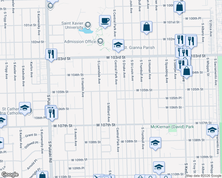 map of restaurants, bars, coffee shops, grocery stores, and more near 10440 South Millard Avenue in Chicago