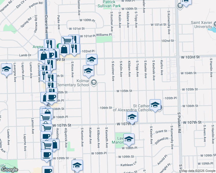 map of restaurants, bars, coffee shops, grocery stores, and more near 10428 South Kenneth Avenue in Oak Lawn