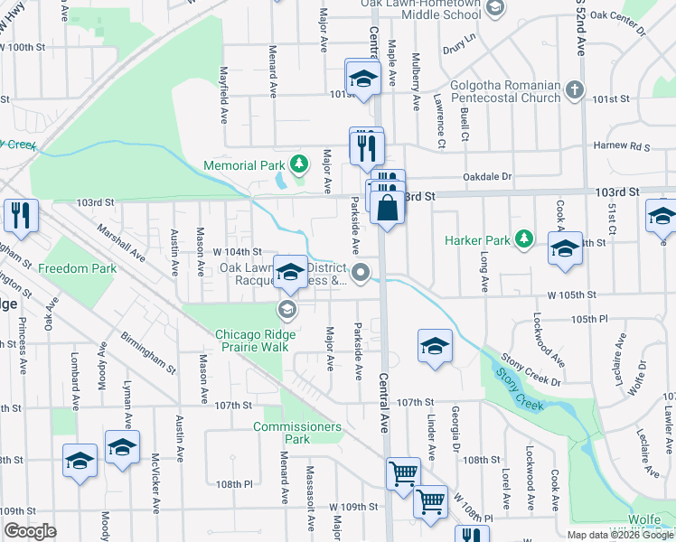 map of restaurants, bars, coffee shops, grocery stores, and more near 5637 Edge Lake Drive in Oak Lawn