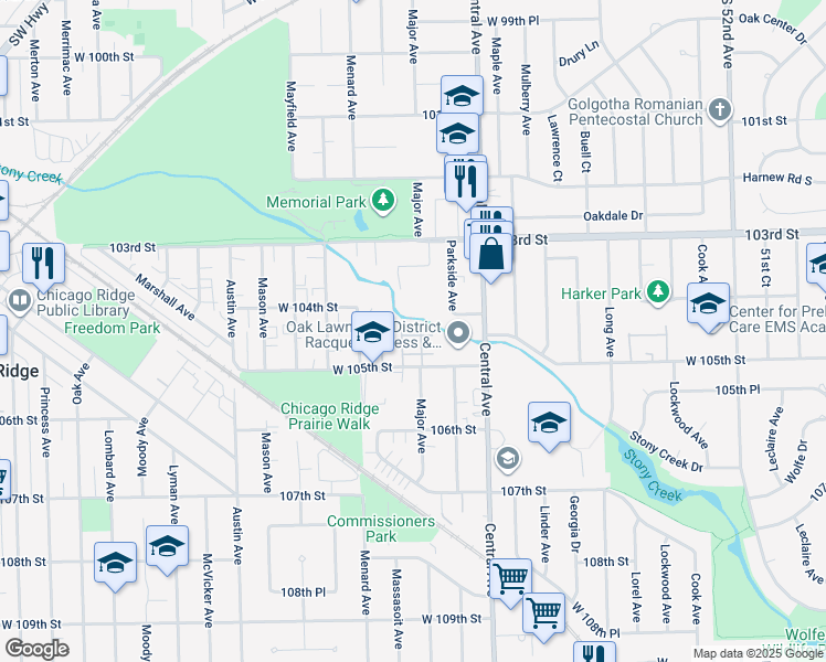 map of restaurants, bars, coffee shops, grocery stores, and more near 5637 Edge Lake Drive in Oak Lawn