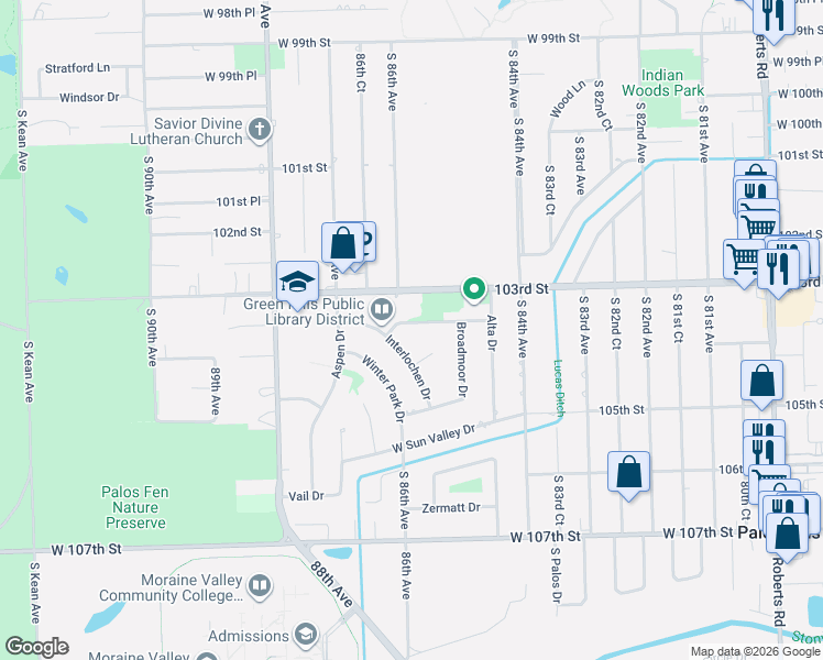 map of restaurants, bars, coffee shops, grocery stores, and more near 8618 Breckenridge Drive in Palos Hills