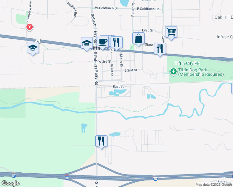 map of restaurants, bars, coffee shops, grocery stores, and more near Clear Creek Park in Tiffin