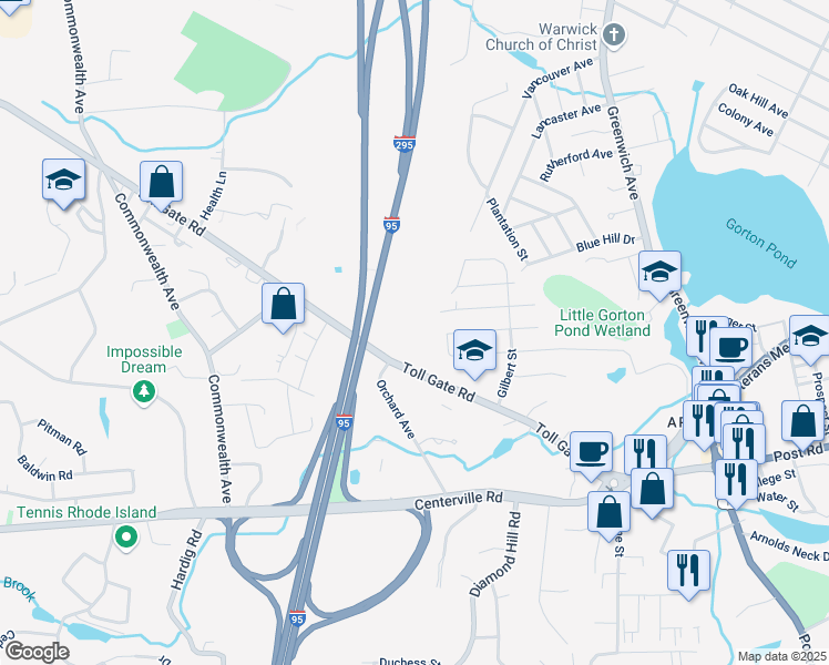 map of restaurants, bars, coffee shops, grocery stores, and more near 55 Tollgate Hill Farm Road in Warwick