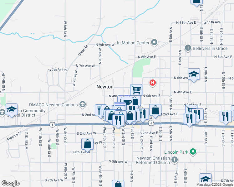 map of restaurants, bars, coffee shops, grocery stores, and more near 222 N 4th Avenue East in Newton