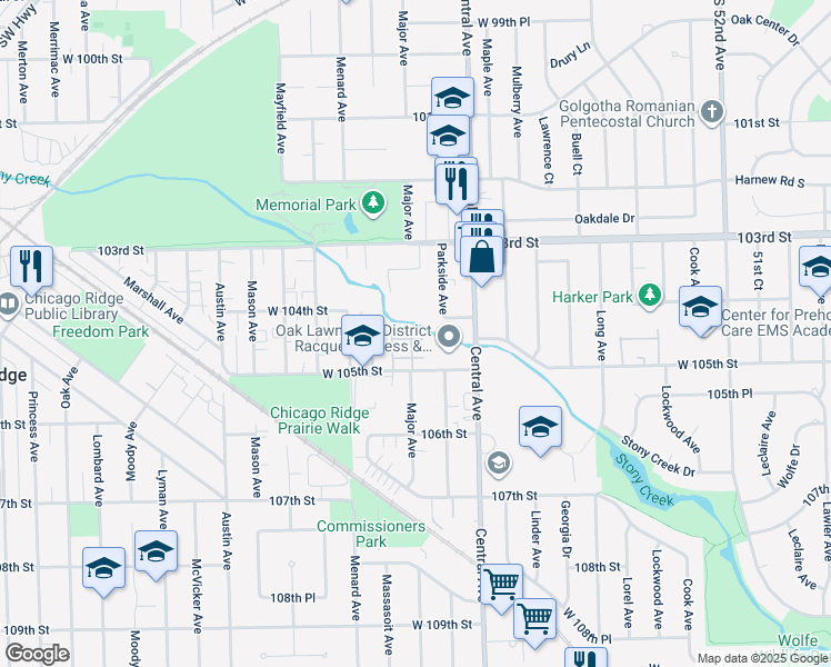 map of restaurants, bars, coffee shops, grocery stores, and more near 5637 Edge Lake Drive in Oak Lawn