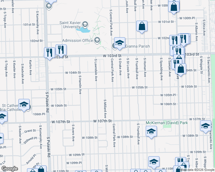 map of restaurants, bars, coffee shops, grocery stores, and more near 10440 South Millard Avenue in Chicago