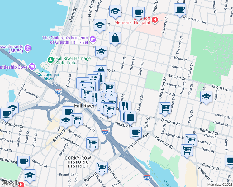 map of restaurants, bars, coffee shops, grocery stores, and more near 222 Franklin Street in Fall River
