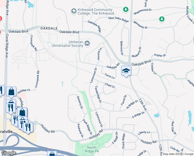 map of restaurants, bars, coffee shops, grocery stores, and more near 2155 Chad Drive in Coralville
