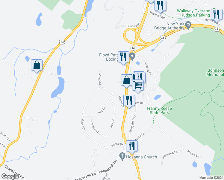 map of restaurants, bars, coffee shops, grocery stores, and more near 8 Mayer Drive in Highland