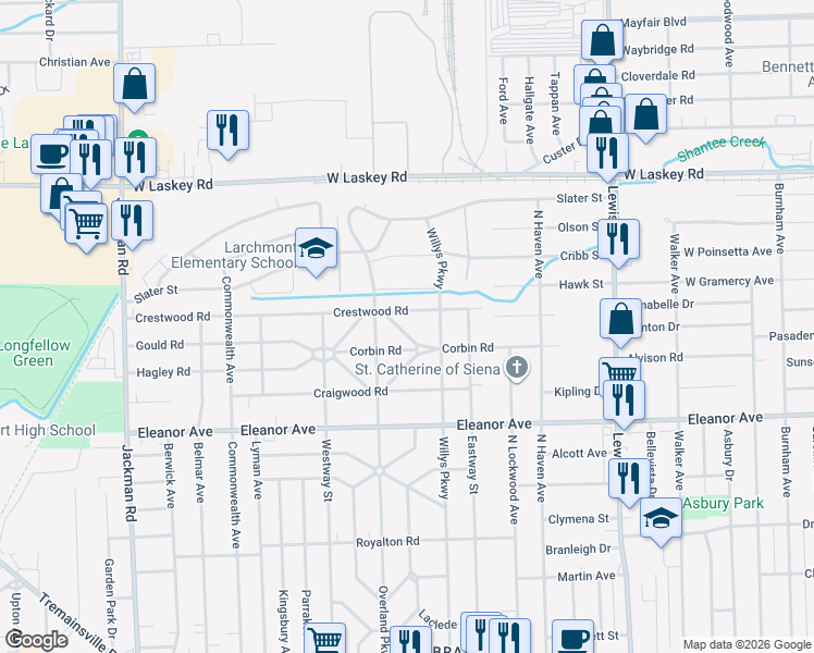 map of restaurants, bars, coffee shops, grocery stores, and more near 1325 Crestwood Road in Toledo