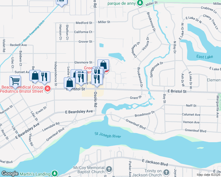 map of restaurants, bars, coffee shops, grocery stores, and more near 2020 E Bristol St in Elkhart