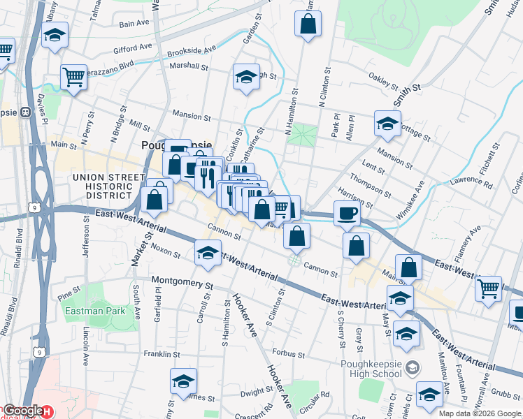 map of restaurants, bars, coffee shops, grocery stores, and more near 8 North Hamilton Street in Poughkeepsie