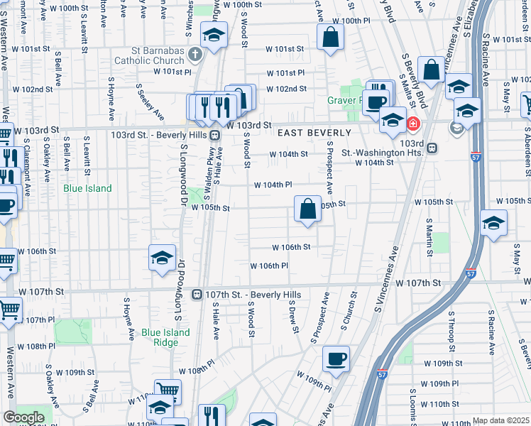 map of restaurants, bars, coffee shops, grocery stores, and more near 1737 West 105th Street in Chicago