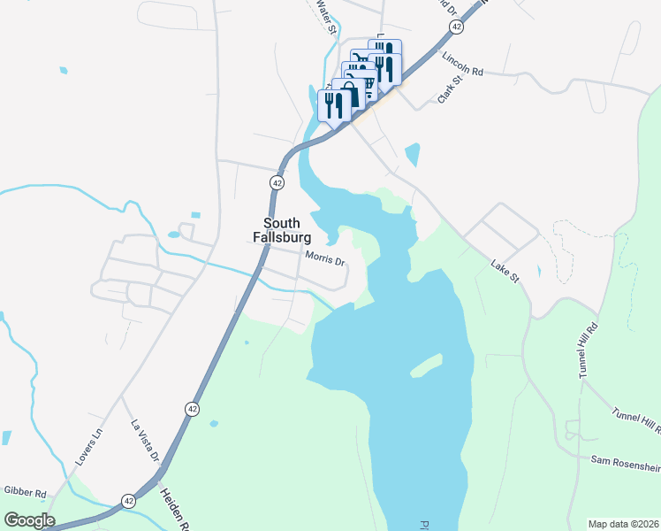 map of restaurants, bars, coffee shops, grocery stores, and more near 18 Morris Drive in South Fallsburg
