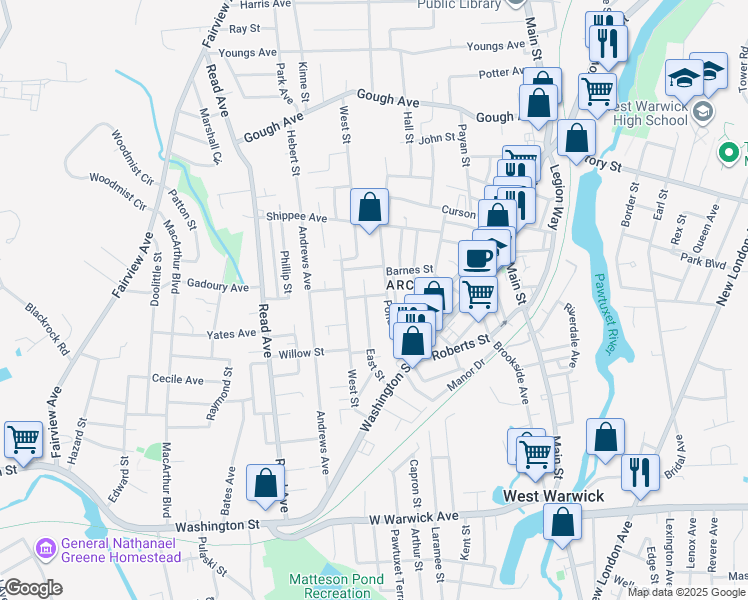 map of restaurants, bars, coffee shops, grocery stores, and more near 10 Lachance Street in West Warwick