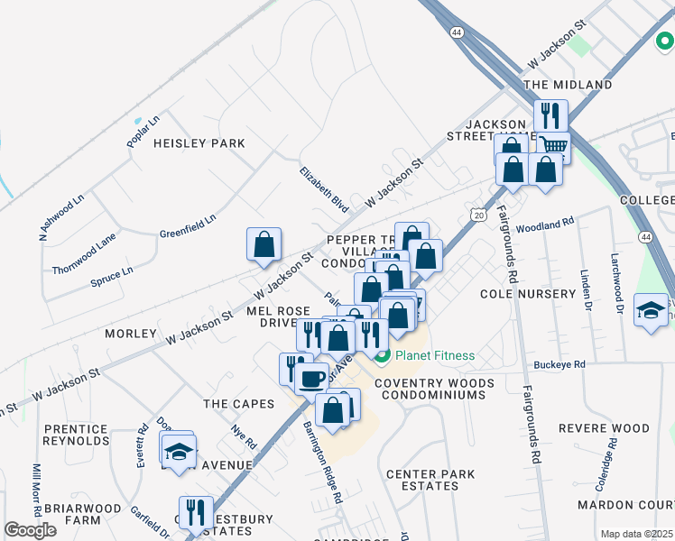 map of restaurants, bars, coffee shops, grocery stores, and more near 317 Peppertree Lane in Painesville