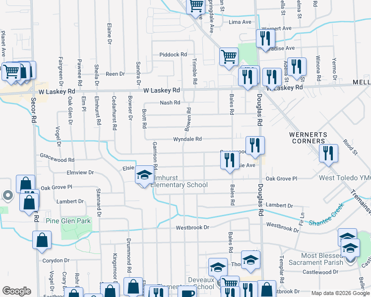 map of restaurants, bars, coffee shops, grocery stores, and more near 2727 Wyndale Road in Toledo