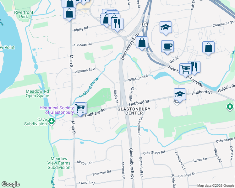 map of restaurants, bars, coffee shops, grocery stores, and more near 23 Maple Street in Glastonbury