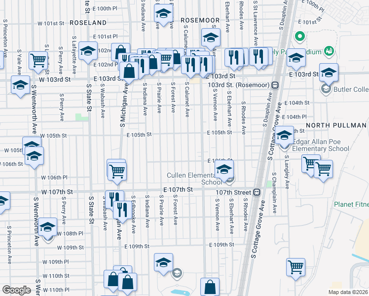 map of restaurants, bars, coffee shops, grocery stores, and more near 10518 South Calumet Avenue in Chicago