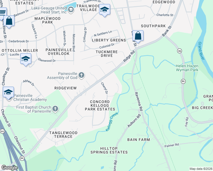 map of restaurants, bars, coffee shops, grocery stores, and more near 6147 Cheryl Drive in Painesville
