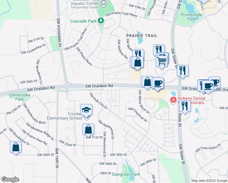 map of restaurants, bars, coffee shops, grocery stores, and more near 2 Southwest Oralabor Frontage Road in Ankeny