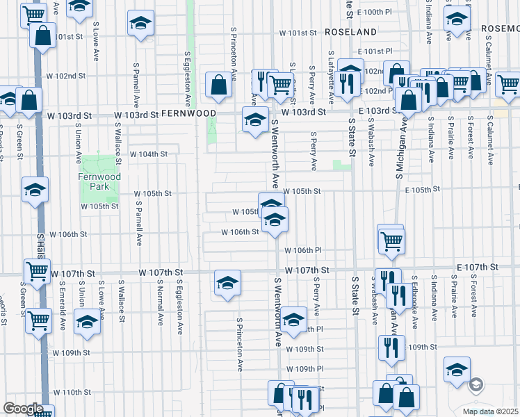 map of restaurants, bars, coffee shops, grocery stores, and more near 224 West 105th Place in Chicago