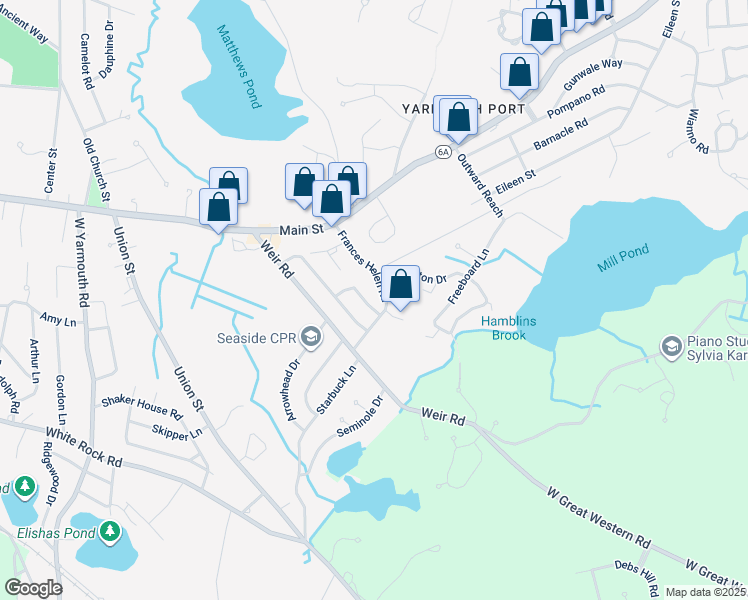 map of restaurants, bars, coffee shops, grocery stores, and more near 48 Frances Helen Road in Yarmouth