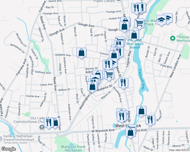 map of restaurants, bars, coffee shops, grocery stores, and more near 145 Archambault Avenue in West Warwick