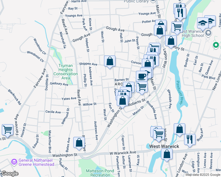 map of restaurants, bars, coffee shops, grocery stores, and more near 80 East Street in West Warwick