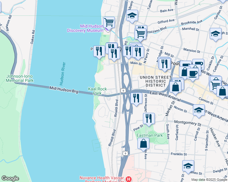 map of restaurants, bars, coffee shops, grocery stores, and more near 1 Gerald Drive in Poughkeepsie