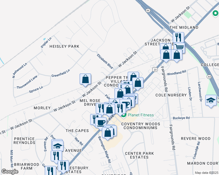 map of restaurants, bars, coffee shops, grocery stores, and more near 317 Peppertree Lane in Painesville