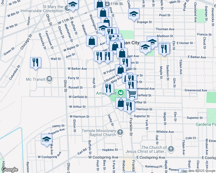 map of restaurants, bars, coffee shops, grocery stores, and more near 2102 Wabash Street in Michigan City