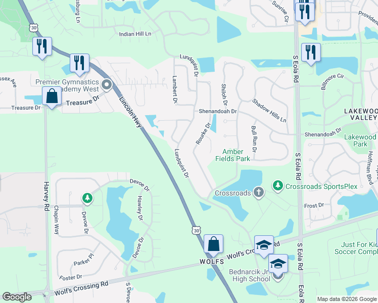 map of restaurants, bars, coffee shops, grocery stores, and more near 2723 Rourke Drive in Aurora
