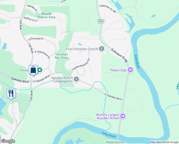 map of restaurants, bars, coffee shops, grocery stores, and more near 2182 Port Talbot Place in Coralville
