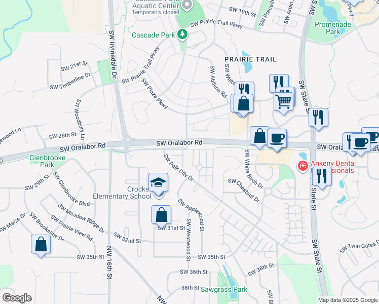map of restaurants, bars, coffee shops, grocery stores, and more near 2 Southwest Oralabor Frontage Road in Ankeny