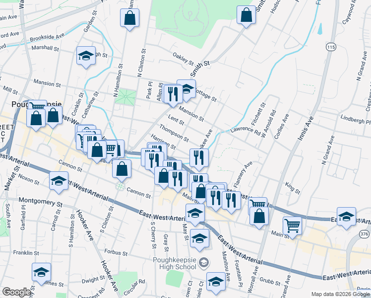 map of restaurants, bars, coffee shops, grocery stores, and more near 154 Thompson Street in Poughkeepsie