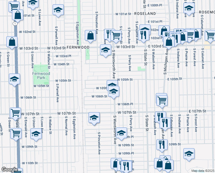 map of restaurants, bars, coffee shops, grocery stores, and more near 224 West 105th Place in Chicago