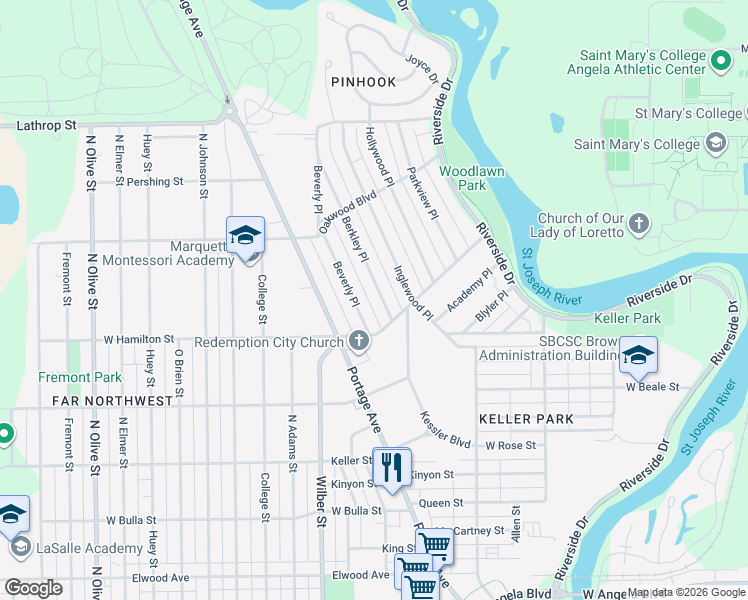 map of restaurants, bars, coffee shops, grocery stores, and more near 1954 Beverly Place in South Bend