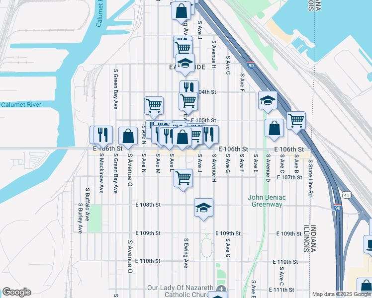 map of restaurants, bars, coffee shops, grocery stores, and more near South Ewing Avenue & East 106th Street in Chicago