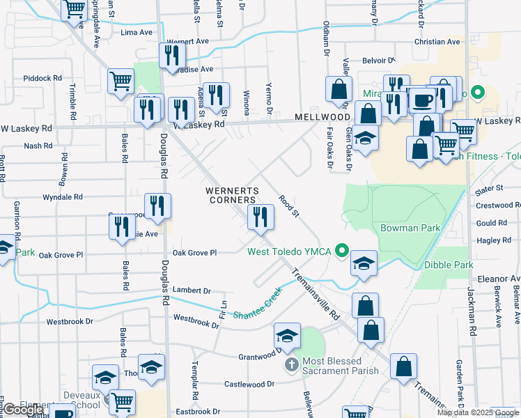 map of restaurants, bars, coffee shops, grocery stores, and more near 2285 Fitkin Street in Toledo