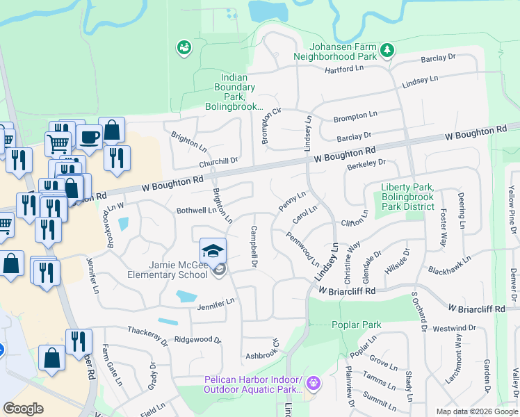 map of restaurants, bars, coffee shops, grocery stores, and more near 257 North Commonwealth Drive in Bolingbrook