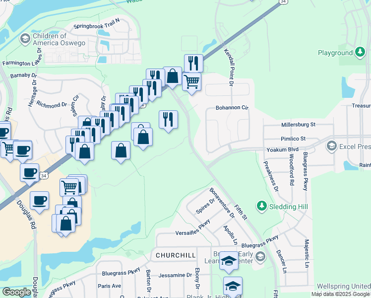 map of restaurants, bars, coffee shops, grocery stores, and more near 750 Fifth Street in Oswego