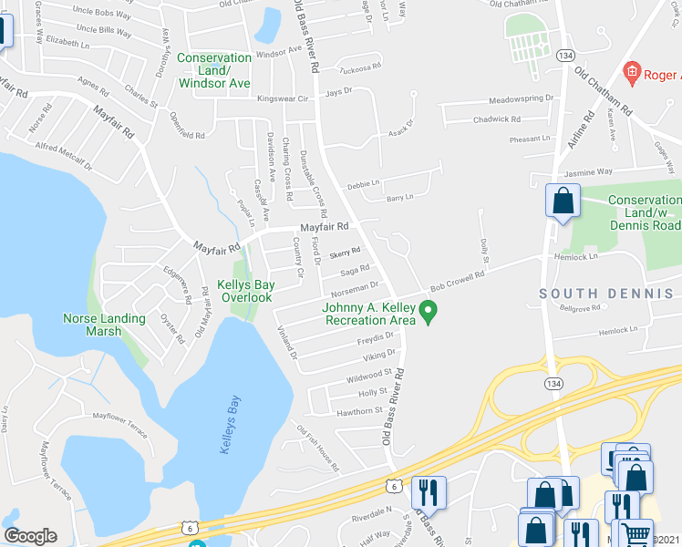 map of restaurants, bars, coffee shops, grocery stores, and more near 25 Saga Road in Dennis