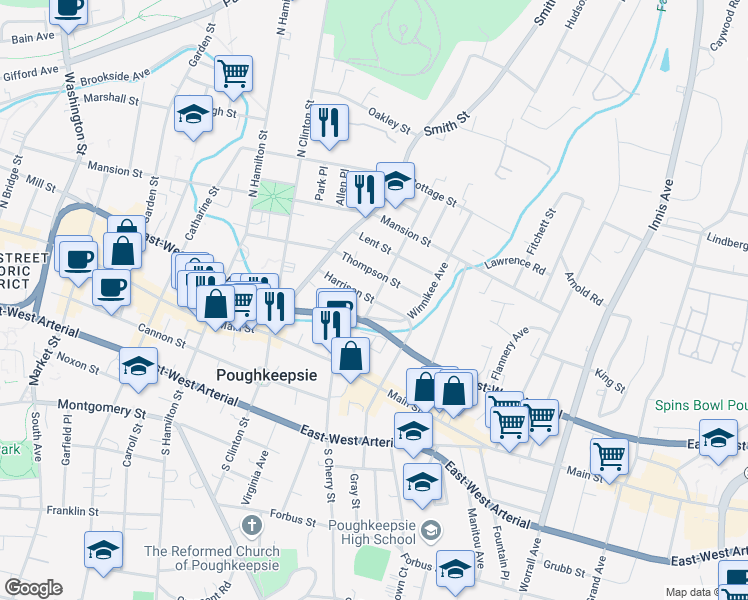 map of restaurants, bars, coffee shops, grocery stores, and more near 30 Harrison Street in Poughkeepsie