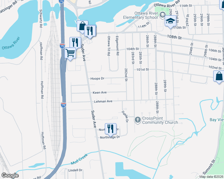 map of restaurants, bars, coffee shops, grocery stores, and more near 2127 Keen Avenue in Toledo