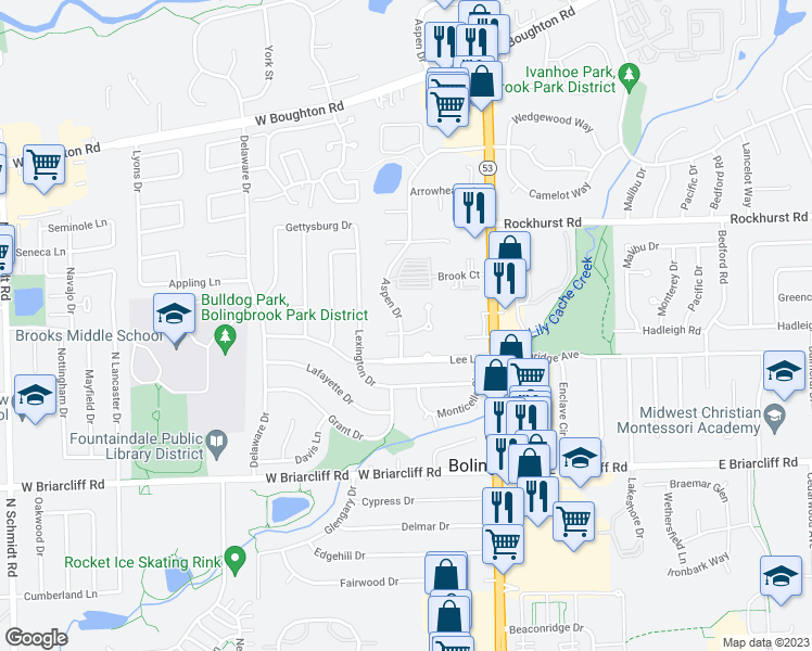 map of restaurants, bars, coffee shops, grocery stores, and more near 216 Aspen Drive in Bolingbrook