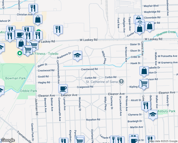 map of restaurants, bars, coffee shops, grocery stores, and more near 4625 Overland Pkwy in Toledo