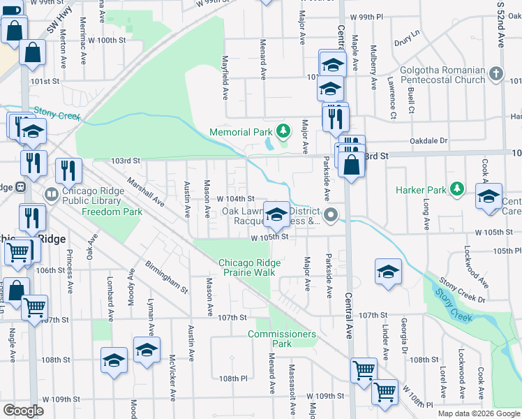map of restaurants, bars, coffee shops, grocery stores, and more near 10408 Menard Avenue in Oak Lawn